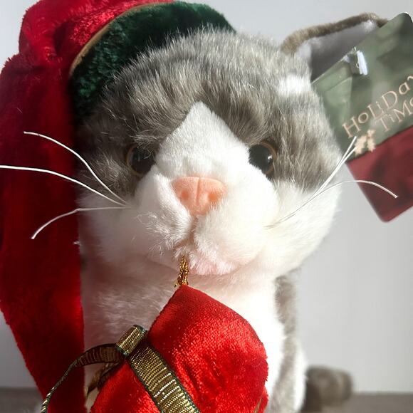 Christmas Holiday Gray Tabby Cat in Santa Hat w/ Gift Stuffed Animal w/ Tags - Picture 2 of 7